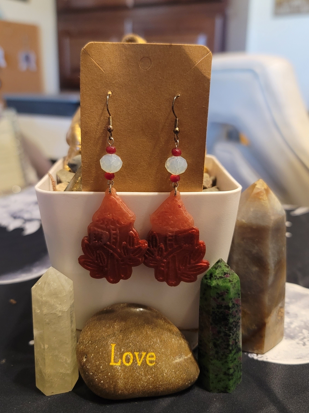 Handmade Red Mushroom Carved Resin Drop Beaded Earrings